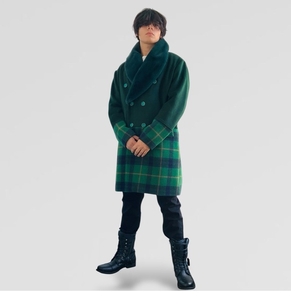 Men's Manzini Solid Green | Plaid Faux Fur Casual Overcoat NWT - Picture 4 of 9